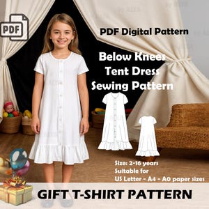 Pode incluir: Uma menina usa um vestido branco abotoado com bainha franzida em frente a um fundo em forma de tenda. A imagem inclui o texto "PDF Digital Pattern" e "Below Knees Tent Dress Sewing Pattern". O texto "GIFT T-SHIRT PATTERN" também é visível.