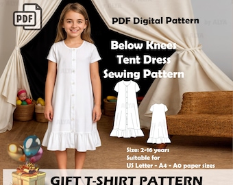 Girl's Tent Button Dress Sewing Pattern: Flared Sleeves (A4 A0 US, 2-16 Years)(PDF Pattern)