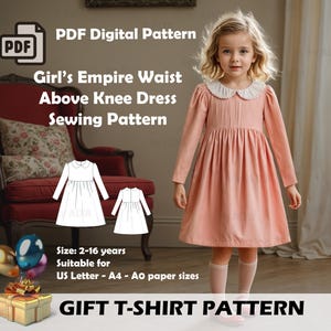 Patrón de costura para vestido por encima de la rodilla para niñas / Vestido con cuello Peter Pan y cintura imperio / Patrón de vestido con mangas abullonadas Talla estadounidense A4 A0 Carta estadounidense / 2-16 años