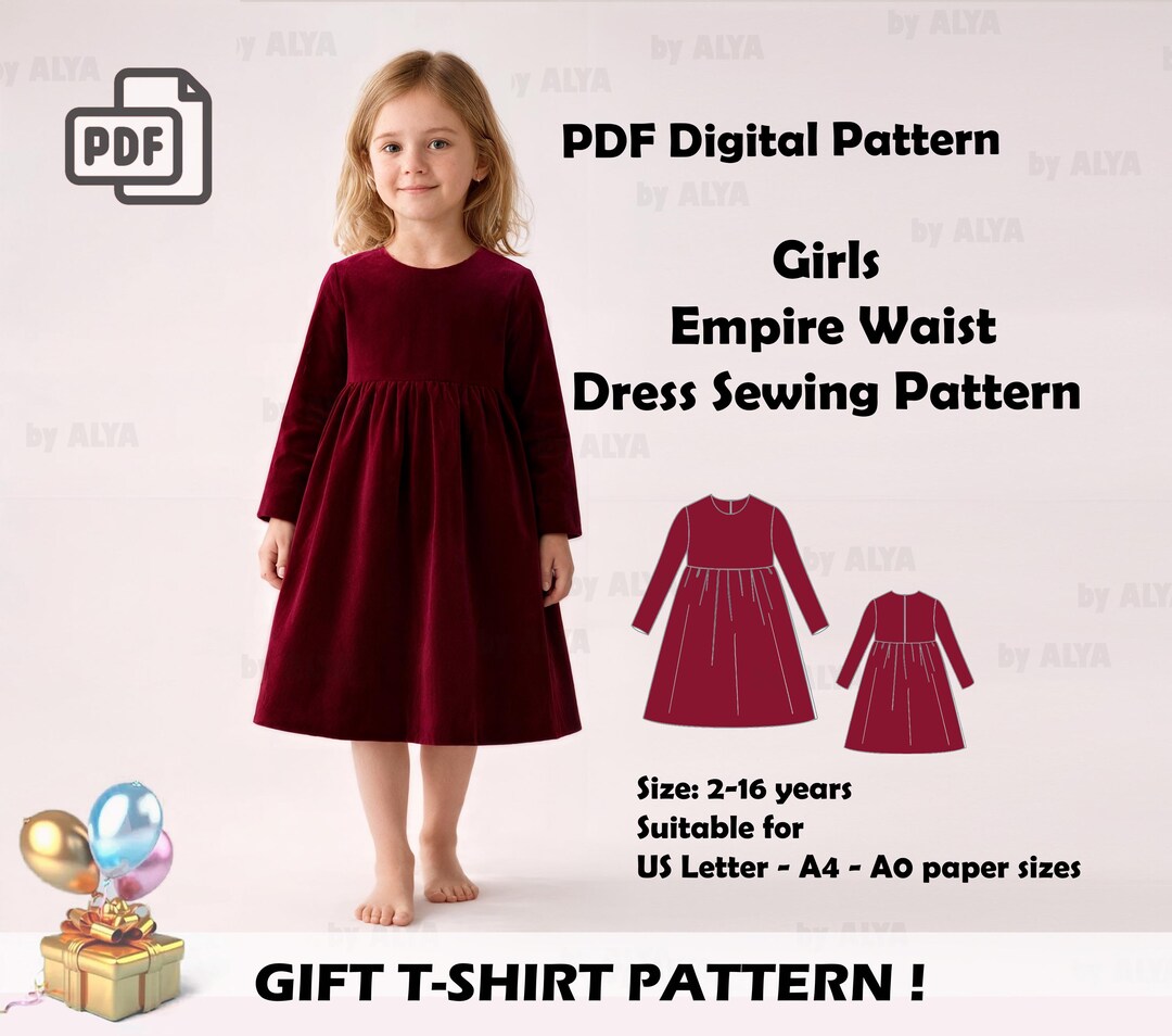 Girls Empire Waist Dress Sewing Pattern PDF | Long Sleeve Kids Dress | US 216 - Etsy Girls Empire Waist Dress Sewing Pattern PDF | Long Sleeve Kids Dress | US 216 - Etsy