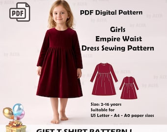 Girls Empire Waist Dress Sewing Pattern PDF | Long Sleeve Kids Dress | US 2–16