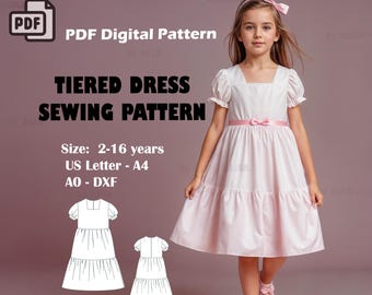 Girls Tiered Skirt Dress Sewing Pattern | Puff Sleeve PDF (2-16 Years)