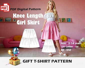 Girls' Tiered Knee Length Skirt Sewing Pattern (A4 A0 US DXF)