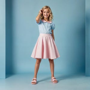 May include: A young girl wearing a light blue and white striped collared shirt with a pink skirt and pink sandals. She is standing in front of a light blue background.