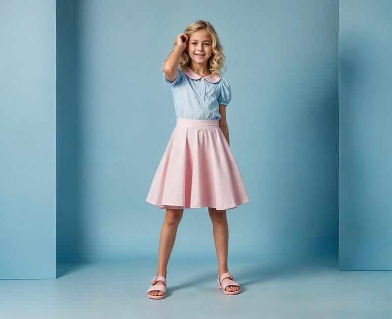 May include: A young girl wearing a light blue and white striped collared shirt with a pink skirt and pink sandals. She is standing in front of a light blue background.