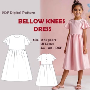 May include: A digital sewing pattern for a below-the-knee dress for girls. The pattern includes sizes 2-16 years and is available in US Letter, A4, A0, and DXF formats.
