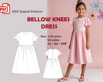 Girl's Flared Sleeve Dress Sewing Pattern (A4 A0 US DXF, 2-16 Years)