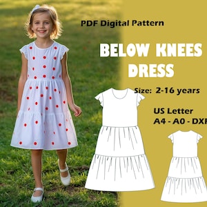 Patrón de costura de vestido por debajo de las rodillas para niña / Patrón de vestido con mangas acampanadas y gorra para niña / Patrón de costura de vestido para niña / Talla A4 A0 Carta EE. UU. / 2 a 16 años