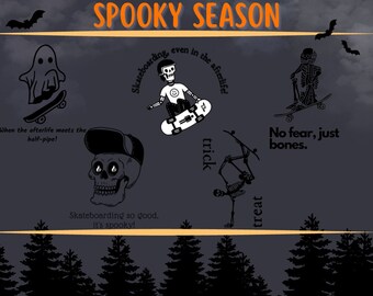 Skateboard-SVG | Skelet op skateboard voor Halloween| Bundel van 5 afbeeldingen met spook en skelet skateboarden in png, jpg, svg formaat