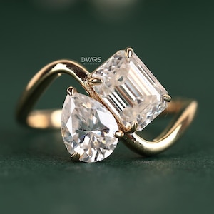 Toi et Moi Moissaniet-ring, smaragd en peer verlovingsring, cadeau voor liefde Multi Stone Solitaire-ring, ring met gedraaide schacht, gouden trouwring