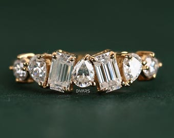 Cluster Diamond Half Eternity Ring, 14K Gold Wedding Band, Anniversary Ring, Stackable Bridal Ring, Sparkling Statement Ring for Her.