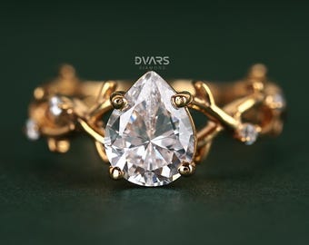 Anillo de compromiso estilo vintage con forma de pera, anillo de boda de moissanita inspirado en la naturaleza, anillo de novia de oro macizo, anillo de aniversario en forma de lágrima.