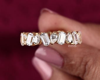 Cluster Moissanite Wedding Band, Multi Stone Full Eternity Ring, Emerald & Pear Cut Anniversary Ring, Matching Stacking Ring, Promise Ring.