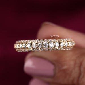Runde volle Eternity Band, dreireihig Micro Pave Moissanite Ehering 14K Massivgold Klassische Minimalist Stapelbar Braut & Jubiläumsgeschenk