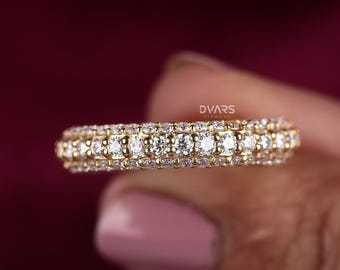 Round Cut Full Eternity Band, Three Row Micro Pave Moissanite Wedding Ring, 14K Gold Classic Minimalist Stackable Bridal & Anniversary Band.