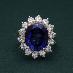6.00 CT Oval Sapphire and Diamond Halo Ring in 18K Solid Yellow Gold, Princess Diana Ring, Lady Di Sapphire Ring, Gift for her, for Women