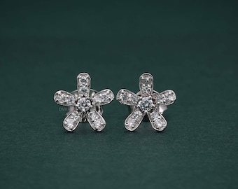 Flower Earrings, Cute Earrings, Studs for Women with Moissanite Diamond, Tiny Earrings, Valentine&#39;s Gift, Gift for Her, Minimalist Earrings
