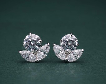 Floral Earrings, Moissanite Diamond Earrings, Danity Stud Earrings, Wedding Earrings, Anniversary Earrings, Gift for her, Art Deco for Women