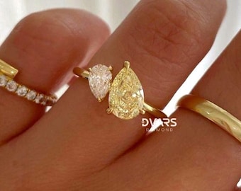 Anillo Toi Et Moi con diamante cultivado en laboratorio talla pera, anillo de compromiso con diamante amarillo intenso talla pera, anillo de aniversario de oro amarillo de 14 quilates, anillo de dos piedras