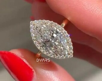 2.5 CT Marquise Lab Grown Diamond Ring: 14K Yellow Gold Halo, IGI Certified