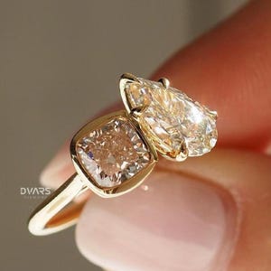 Toi Et Moi Pear Cut Moissanite Cut Engagement Ring, Two Stone Birthstone Statement Ring, Solid Gold Ring, Valentine&#39;s Gift, 14K Yellow Gold