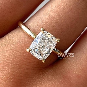 Elongated Cushion Cut Lab Grown Diamond Solitaire Ring 14K Yellow Gold Ring 4 Claw Prong Hidden Halo Wedding Ring, Cushion Cut Diamond Ring