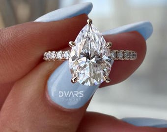 2.5 CT Pear Cut Moissanite Engagement Ring, 14K Gold Teardrop Diamond Ring, Hidden Halo Wedding Ring For Her, Pave Set Ring, Bridal Ring.