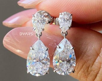 5.07 TCW Pear Cut Moissanite Dangle Drop Earrings, Tear Drop Diamond Earrings, 14k White Gold Wedding Earrings, Earrings For Her, Pear Cut
