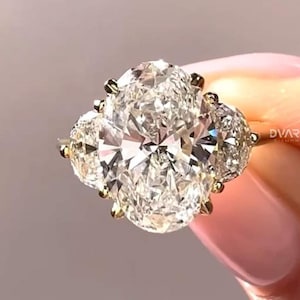 2.50 CT Oval Cut Lab Grown Diamond Engagement Ring, 14k Solid Yellow Gold Ring Three Stone Engagement Ring, Side Half Moon Lab Diamonds