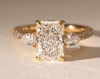 Anillo de compromiso con diamante radiante de 3 quilates, anillo de diamantes cultivados en laboratorio Trilogy, anillo con engaste pavé, anillo de boda hecho a mano, regalo de aniversario para mujer.