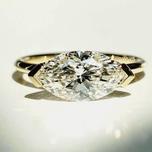 Marquise Cut East To West Set Lab Grown Diamond Solitaire Ring,  Half Bezel Setting 0.5 To 2.0 CT Lab Created Diamond Engagement Ring