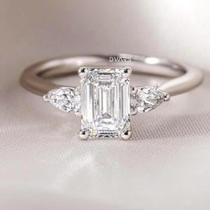 1.20 CT Emerald Cut Lab Grown Diamond Three Stone Engagement Ring, Side Pear Lab Diamonds, 14k Solid White Gold Ring, Trilogy Ring