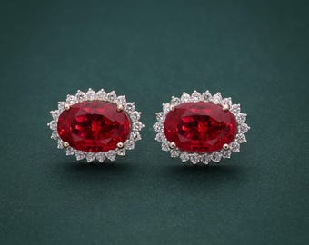 12.00 CT Oval Red Solitaire Halo Earrings with Moissanite Diamonds, Wedding Gift, Gift for her, Earrings for women, Diamond Earrings Studs