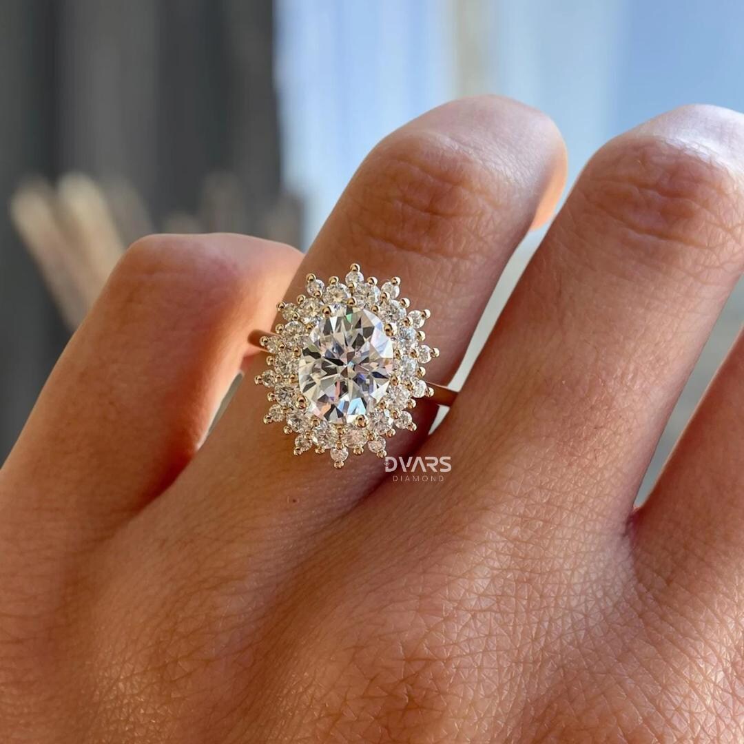 Solid Gold Oval Cut Moissanite Engagement Ring, Vintage Halo Wedding ...