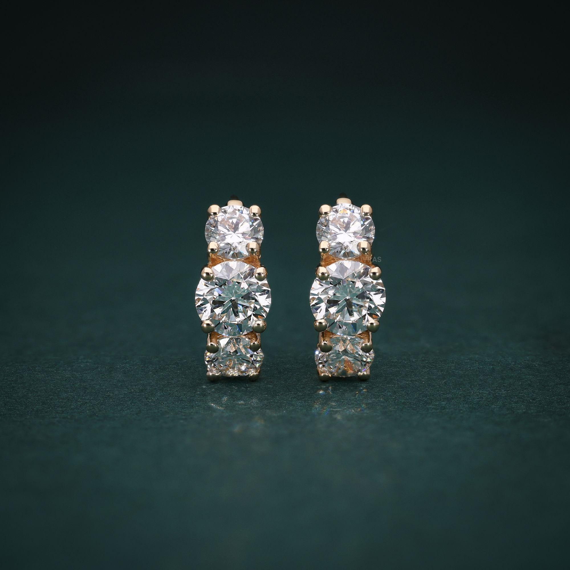 3 Stone Huggie Hoop Earrings, Round Cut Moissanite Anniversary Gift Earrings, Future Earrings For Women, Bridal Earrings, Valentine Gift
