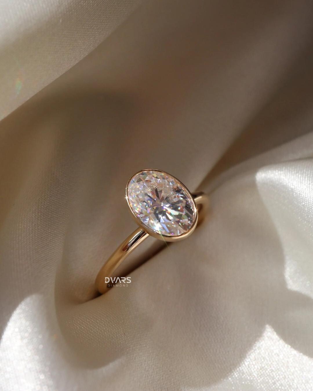 2 CT Oval Cut Moissanite Engagement Ring, Bezel Set Wedding Ring, 14K ...