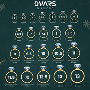 Puede incluir: Una tabla de tallas de anillos que muestra tallas de 3 a 13, con medidas en mil&iacute;metros. Cada anillo es dorado y presenta una gema en forma de diamante. La marca "DVARS DIAMOND" se muestra en la parte superior.