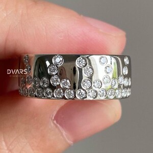 14K Solid Gold Cigar Wedding Band, Scattered Round Cut Colorless Moissanite Engagement Band, Wide Stackable Band, Matching Band For Him.