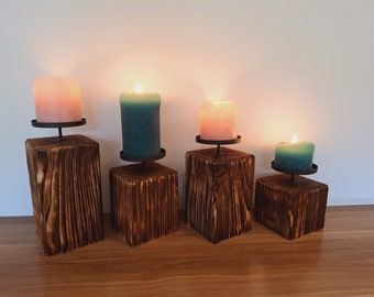 Kerzenständer 2er / 4er Set, Kerzenhalter rustikal, Massivholz gebrannt, gebürstet;  optional mit Glas als Windlicht