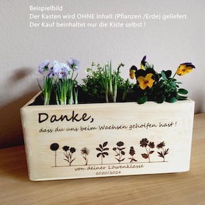 Abschiedsgeschenk Kindergarten, Grundschule, Lehrerin, Tagesmutter, personalisierte Deko, foliert, Blumenkasten, Gravur  Holz, 30x14x20cm