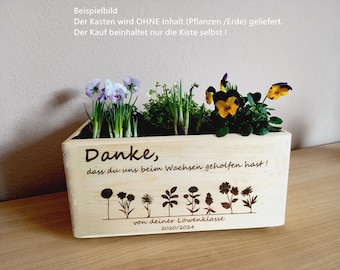 Abschiedsgeschenk Kindergarten, Grundschule, Lehrerin, Tagesmutter, personalisierte Deko, foliert, Blumenkasten, Gravur  Holz, 30x14x20cm