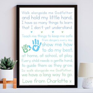 Regalo personalizado del padrino - Impresión del poema &#39;Walk Alongside Me&#39; de Godchild para bautizo, cumpleaños, gracias