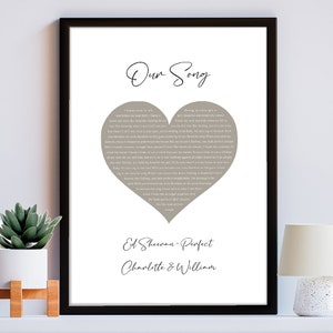 Custom Heart-Shaped Song Lyrics Wall Art - Personalized Typography Print Poster- ANY SONG, WORDS, vows - In Neutral Colour Scheme