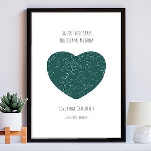 Impresión personalizada del mapa del cielo nocturno del corazón - cumpleaños, regalos del día de la madre - mamá, regalos de momia A5, A4 impresiones y enmarcado - hecho para usted