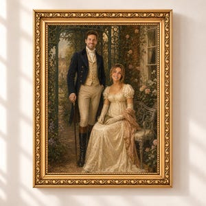May include: A framed portrait of a couple in historical attire. A person stands in a dark blue coat, light waistcoat, and trousers with tall boots. Beside them, a person sits on a metal bench in a cream-coloured gown with lace gloves and a shawl.