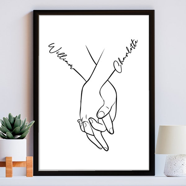 Names in Hands Romantic Print - Perfect for Valentine's, Anniversary, Birthday, Wedding - Gift for Her, Him