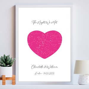 Personalisierte Fuchsia Herz Sterne Karte Nachthimmel Druck - Romantischer Himmel für Jahrestage, Valentinstage, Geburtstage, Hochzeiten