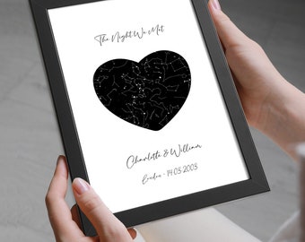 Personalised Heart-Shaped Star Night Sky Print - Ideal for Wedding, Anniversary, Birthday, Valentine - Romantic Gift for Him or Her In Black