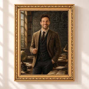 May include: A portrait in a gold ornate frame depicting a smiling person wearing a brown tweed blazer, a dark charcoal vest, and a collared shirt. The background shows a library setting with a chalkboard covered in mathematical equations and diagrams.