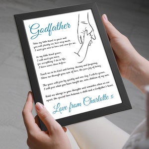 Regalo personalizado de padrino de ahijado para cumpleaños, Navidad, bautizo - Impresión personalizada del poema &#39;Hold My Hand&#39;